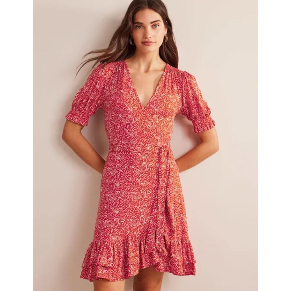 Boden Ruffle Wrap Jersey Mini Dress in Vermillion, Azure Pop Size 16R-18R